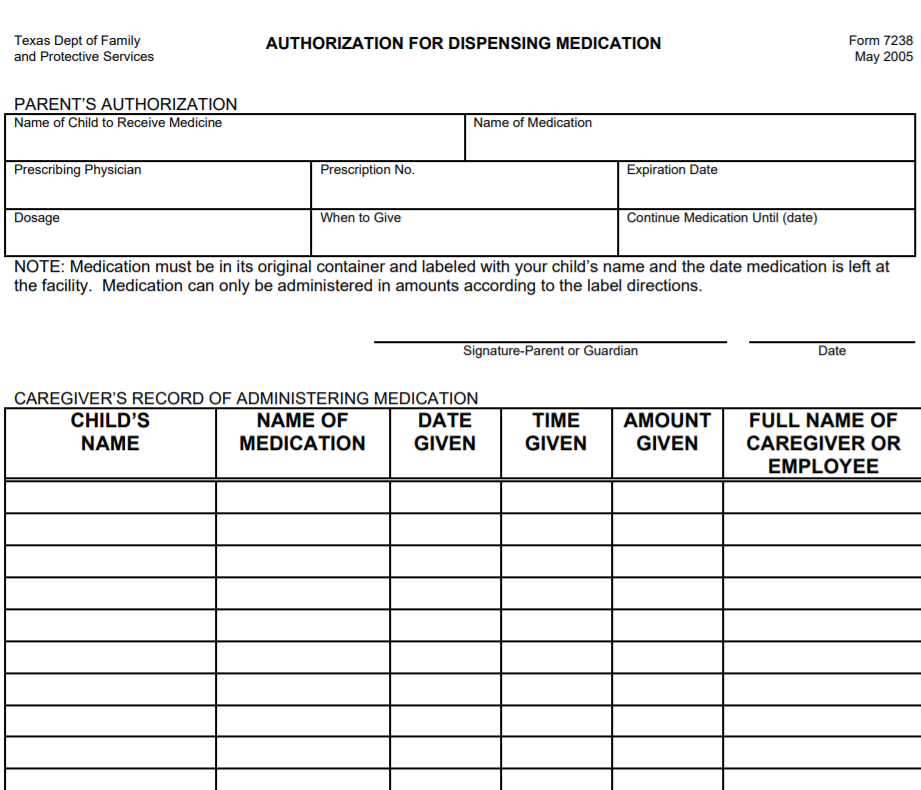 Medicine Authorization Form - Texas